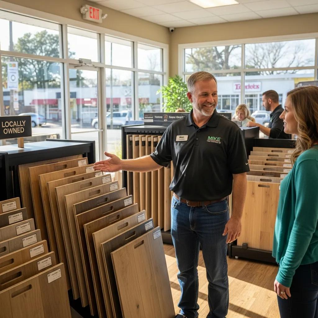 Local flooring specialist advising a homeowner inside a welcoming showroom