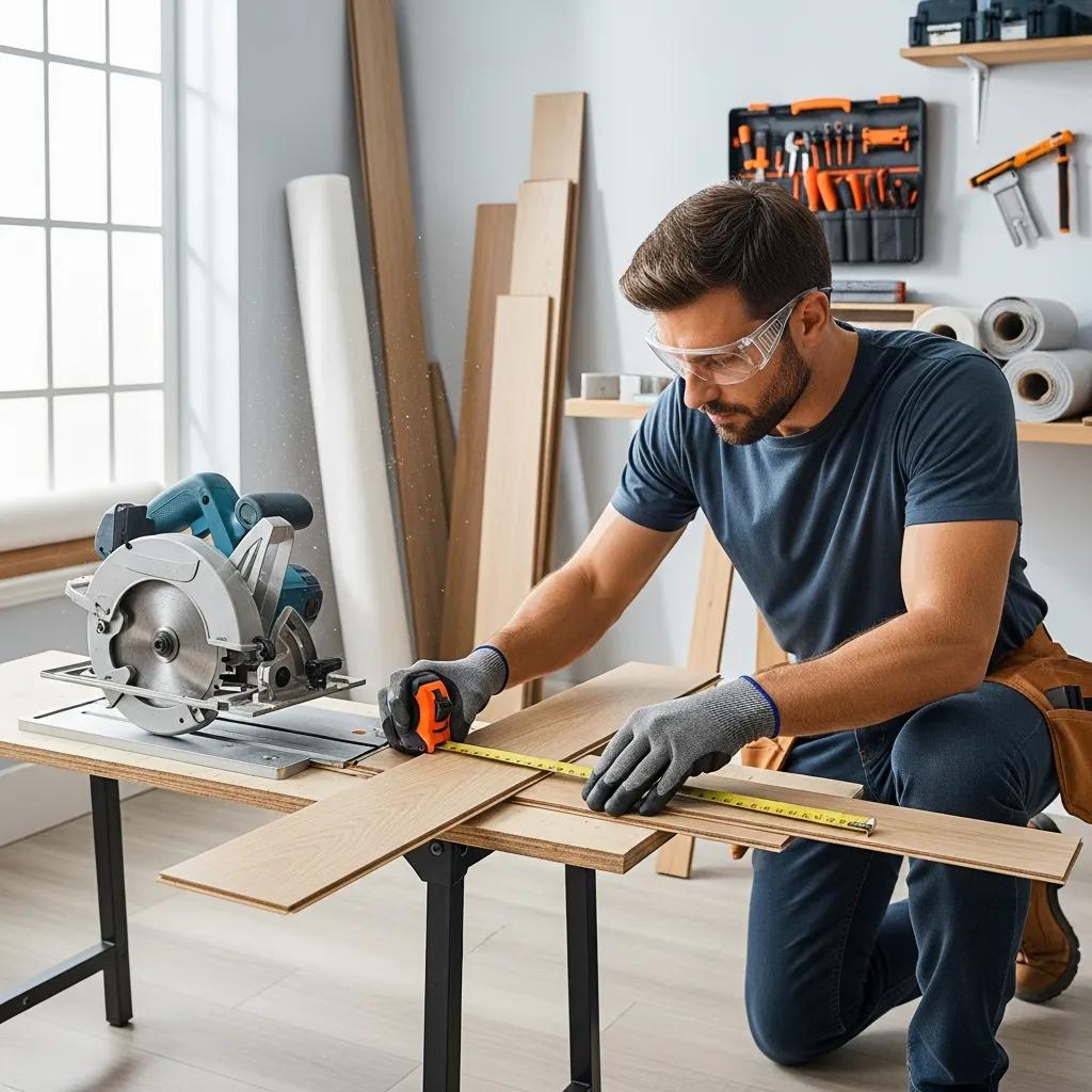 Installer measuring and trimming flooring with precise tools