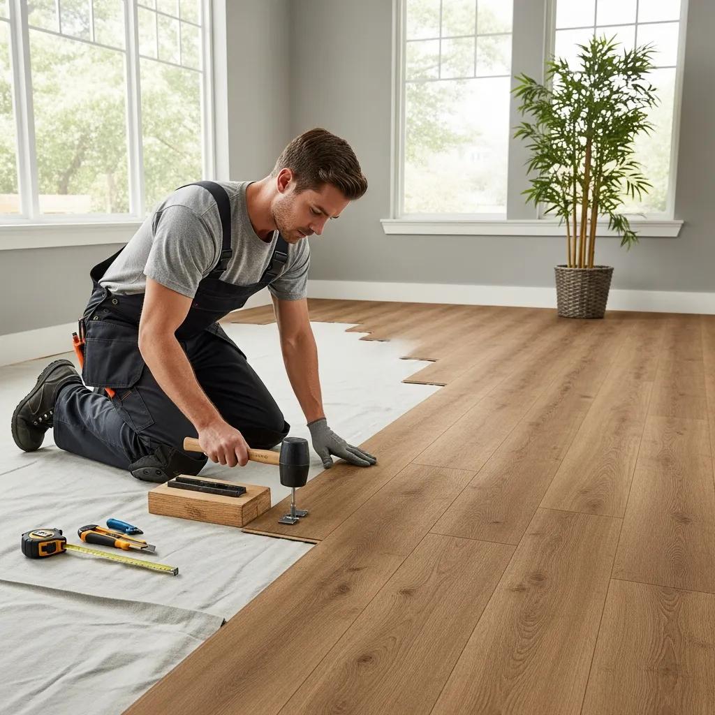 Installer fitting luxury vinyl plank flooring in a modern home